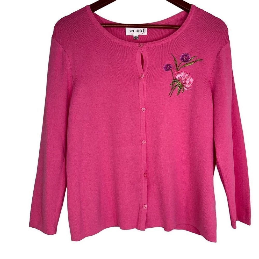 Vintage Studio I Pink Floral Embroidered Button Front Cardigan Women 14 Coquette